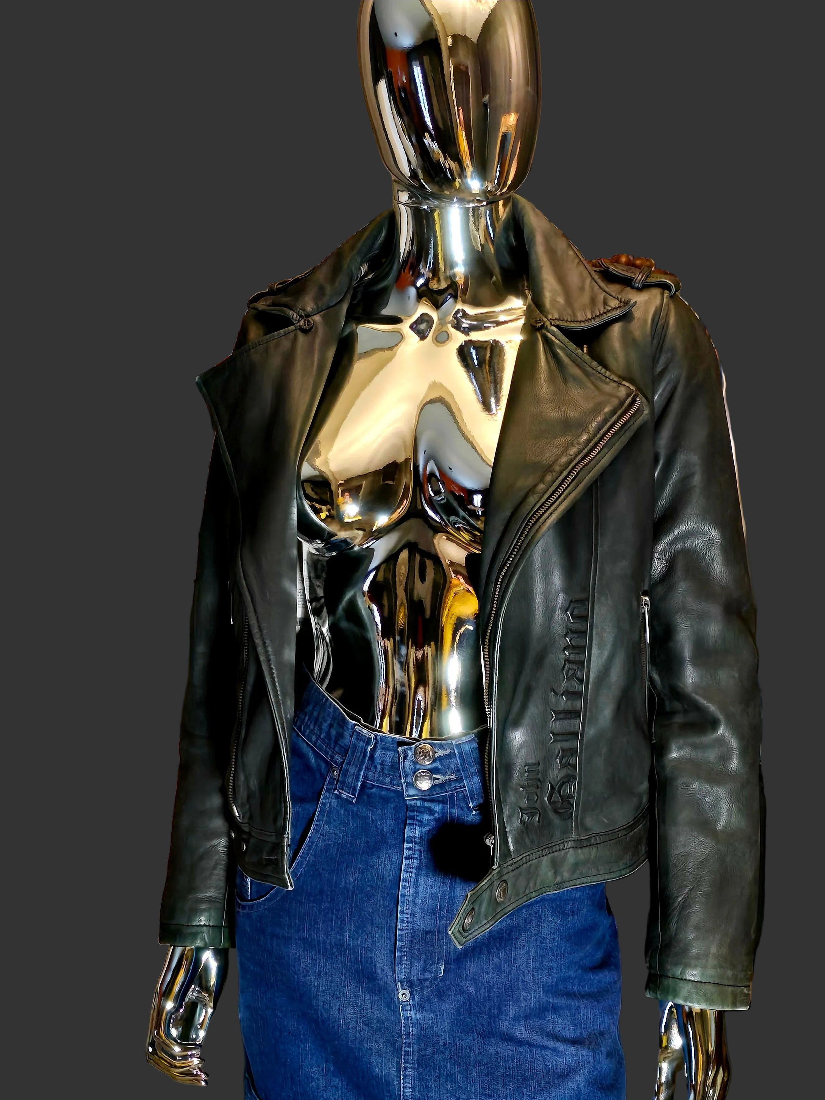 John Galliano – Perfecto Cuir Vert Foncé – Imprimé Journal & Aigle au Dos – T36