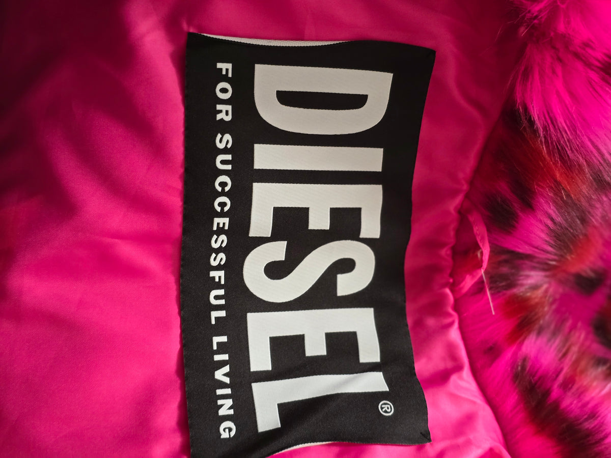 Diesel – Pink Leopard Faux Fur Sleeveless Coat – Size S