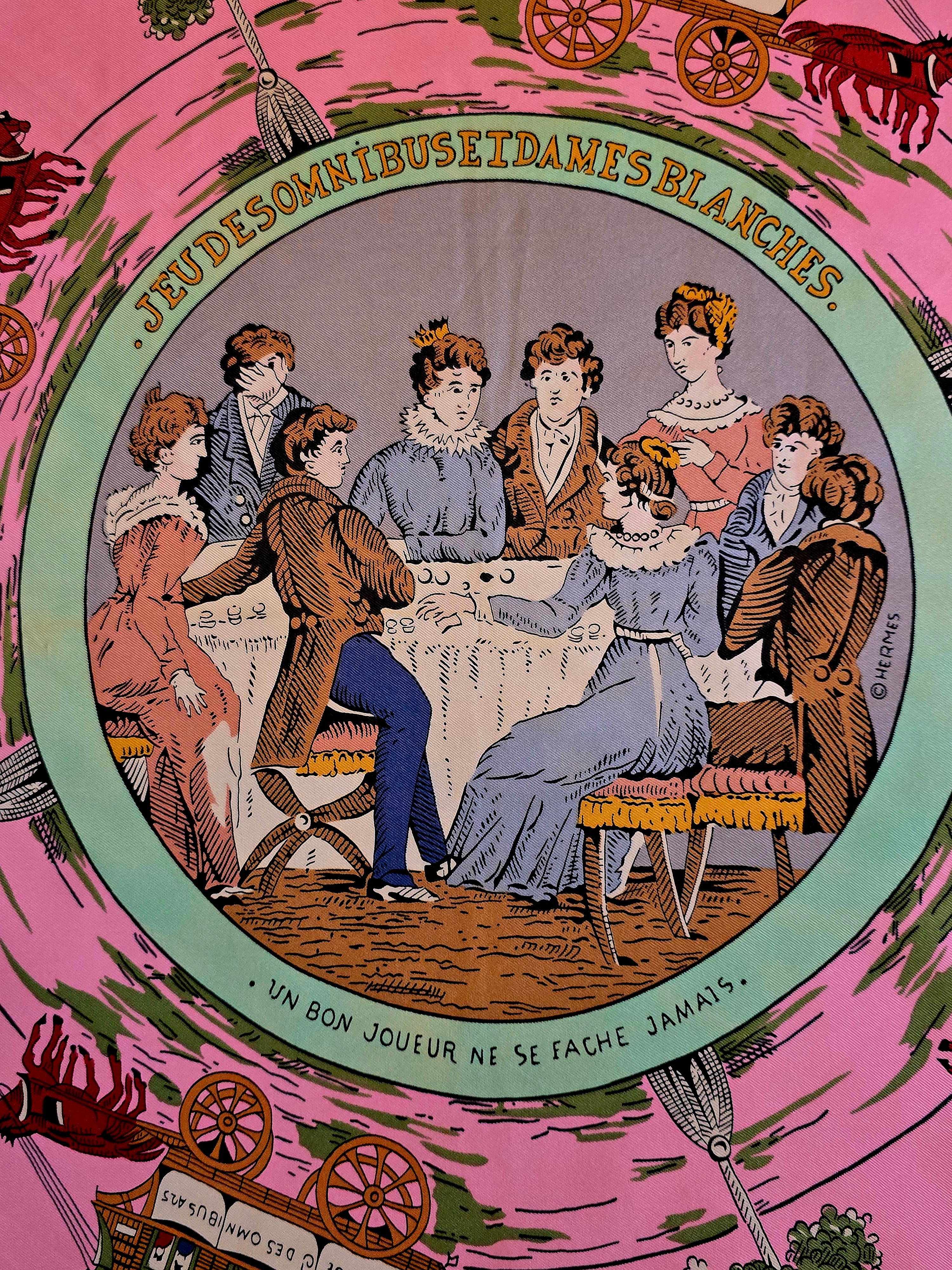 Hermès " jeu des omnibus et dames blanches " carré de soie.