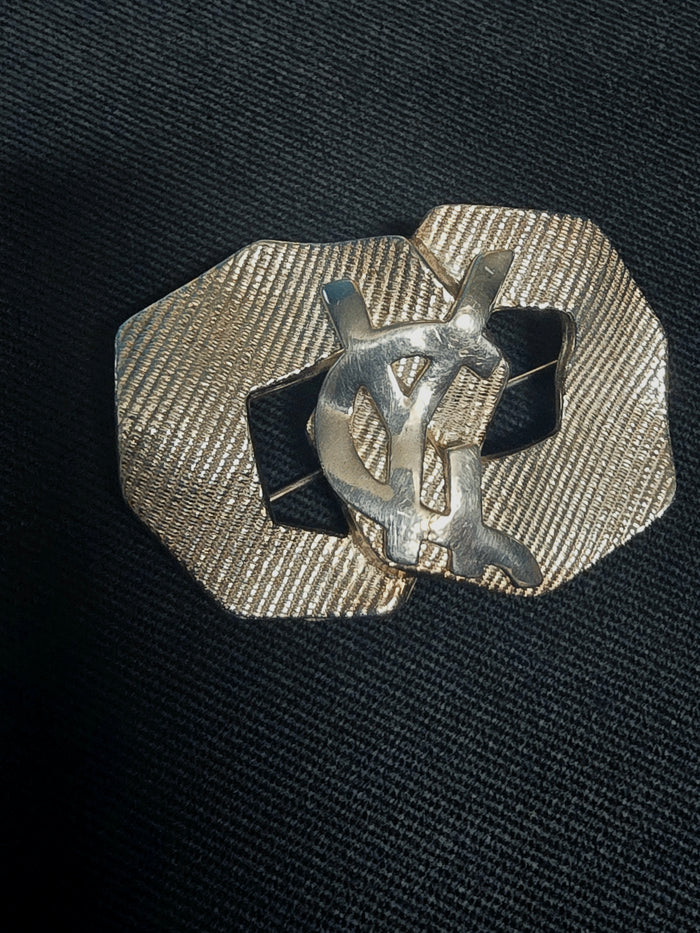 Yves Saint Laurent Silver-Tone Metal Striped YSL Logo Brooch 2000s
