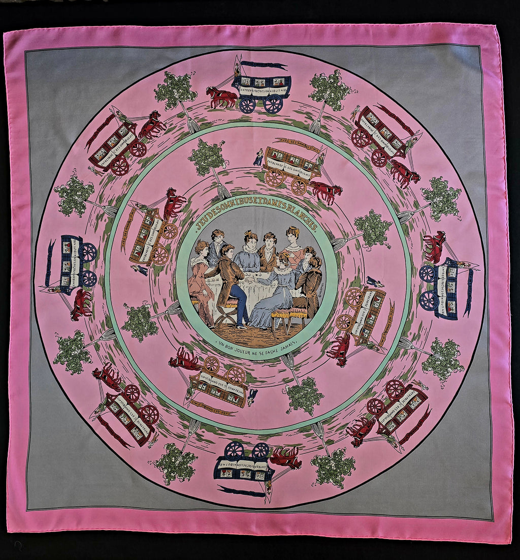 Hermès " jeu des omnibus et dames blanches " carré de soie.