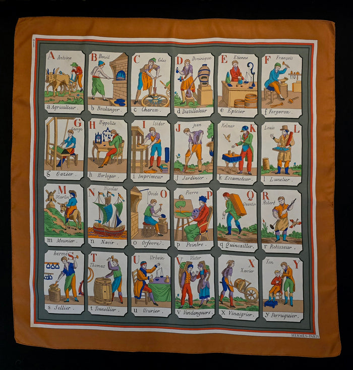 Hermès silk scarf l'halphabet des métiers Philippi Dauchez 90*90cm bronze green orange rare - L.F Lusso