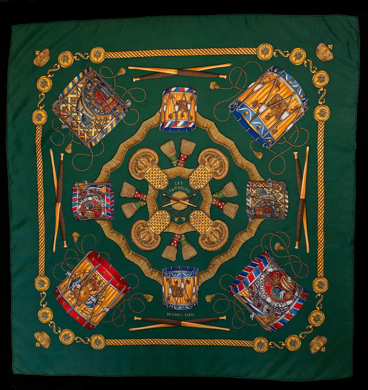 Hermès silk scarf les tambours 1989 Joachim Metz 90*90cm dark green gold - L.F LUSSO