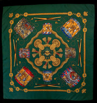 Hermès silk scarf les tambours 1989 Joachim Metz 90*90cm dark green gold - L.F LUSSO
