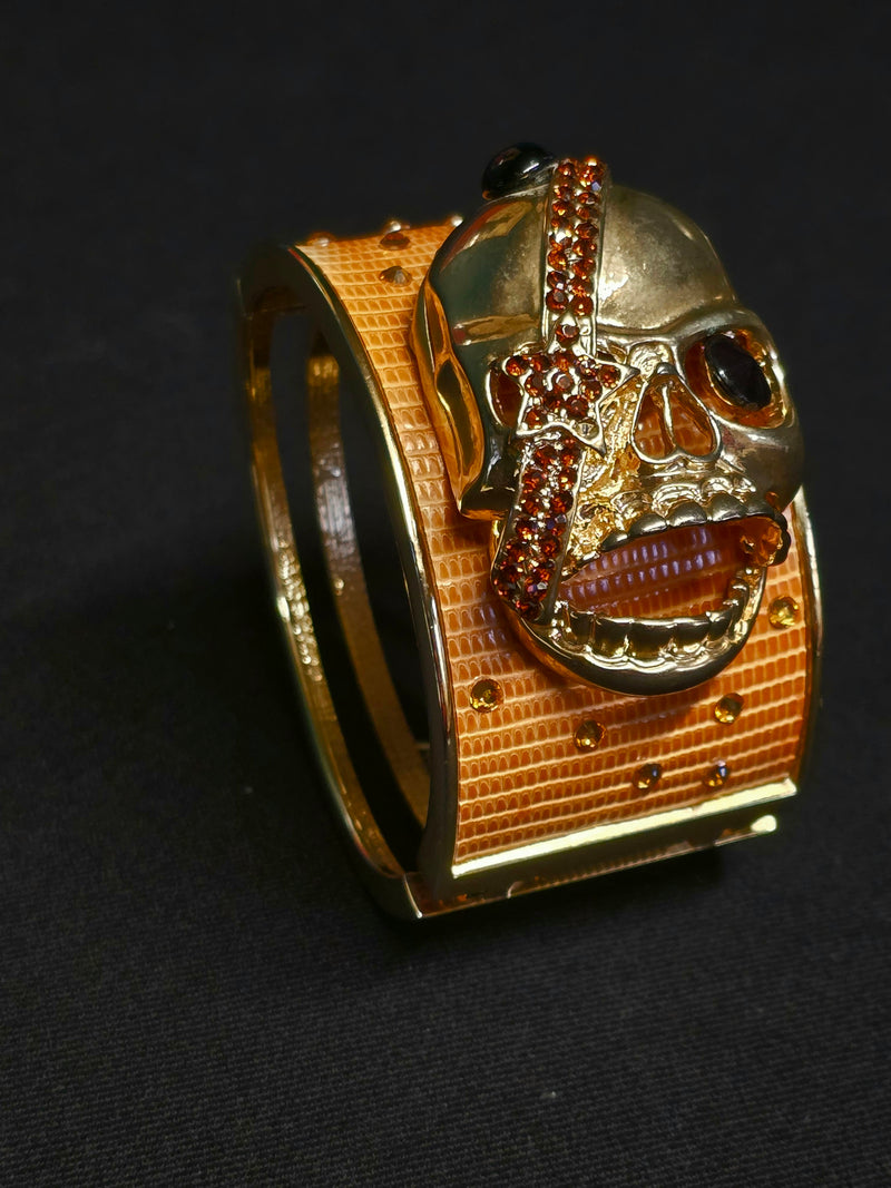 Marta Marzatto Gold-Plated Cuff Bracelet with Leather and Rhinestone Skull