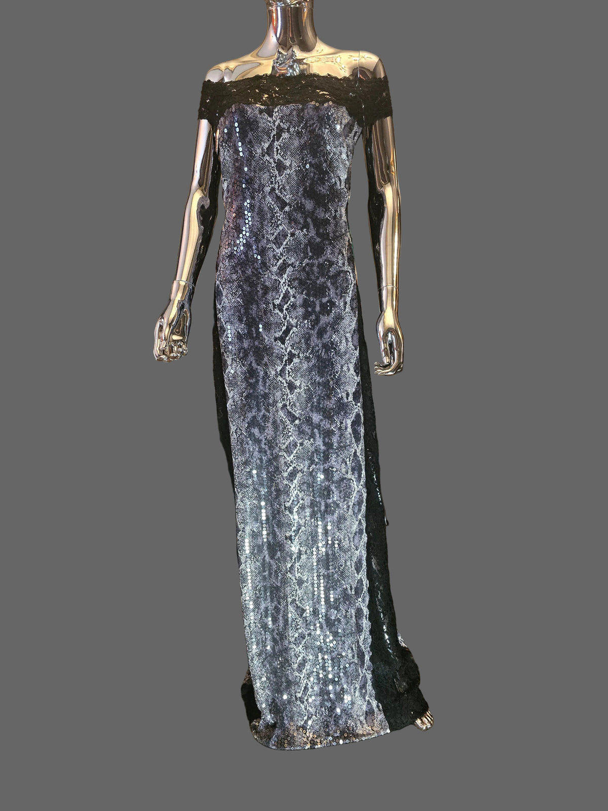 Loris Azzaro Robe Longue Sequins Reptile Dentelle Années 80 T40-42