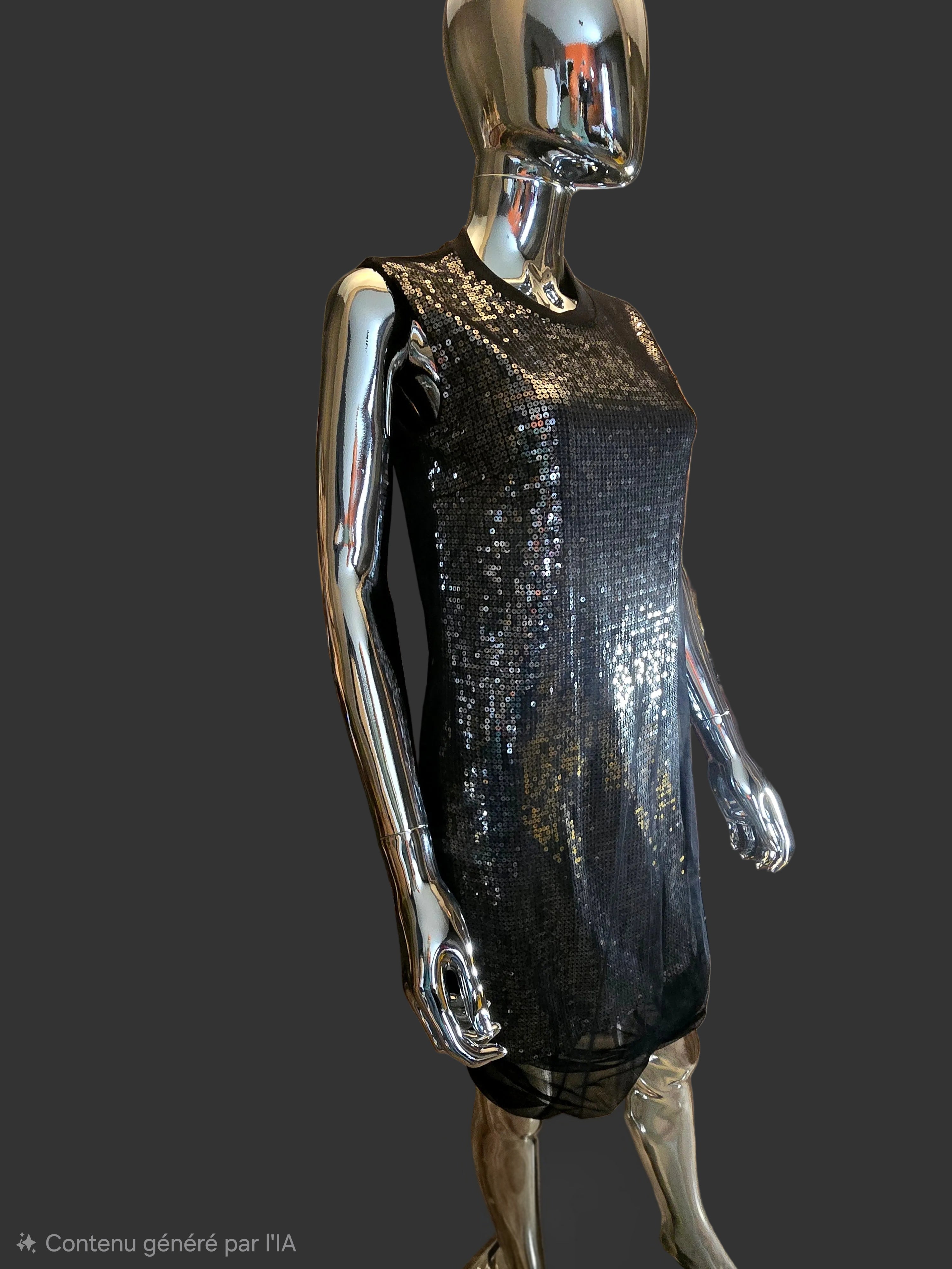 Alexander McQueen – Robe de Soirée Noire & Sequins Argent Voile Tulle – T38