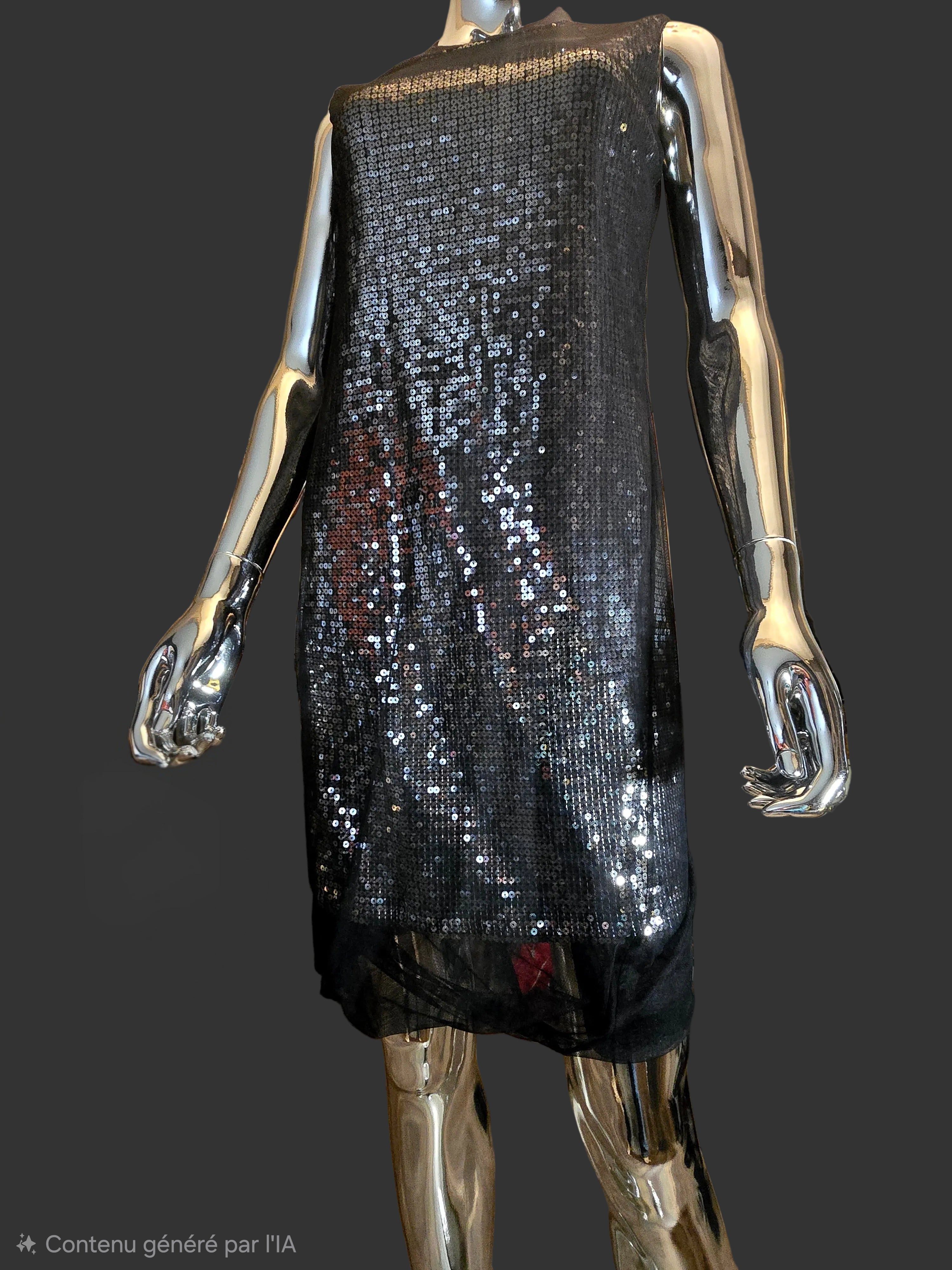 Alexander McQueen – Robe de Soirée Noire & Sequins Argent Voile Tulle – T38