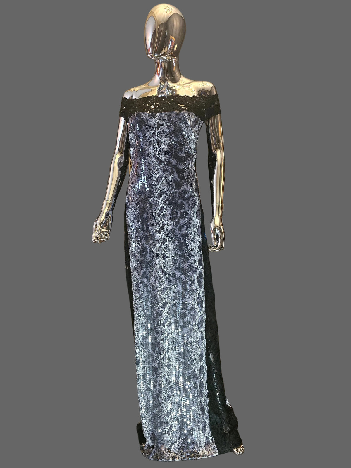 Loris Azzaro Robe Longue Sequins Reptile Dentelle Années 80 T40-42
