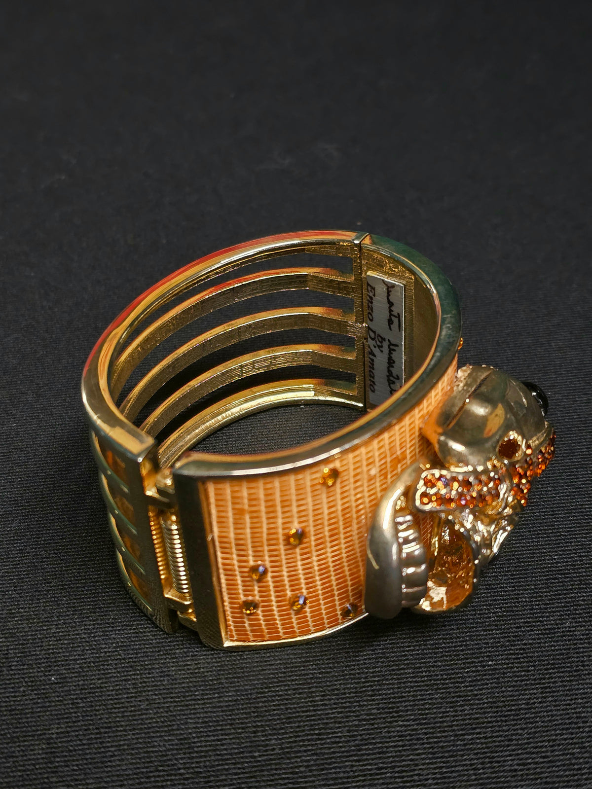 Marta Marzatto Bracelet Manchette Doré Cuir Tête de Mort Strass