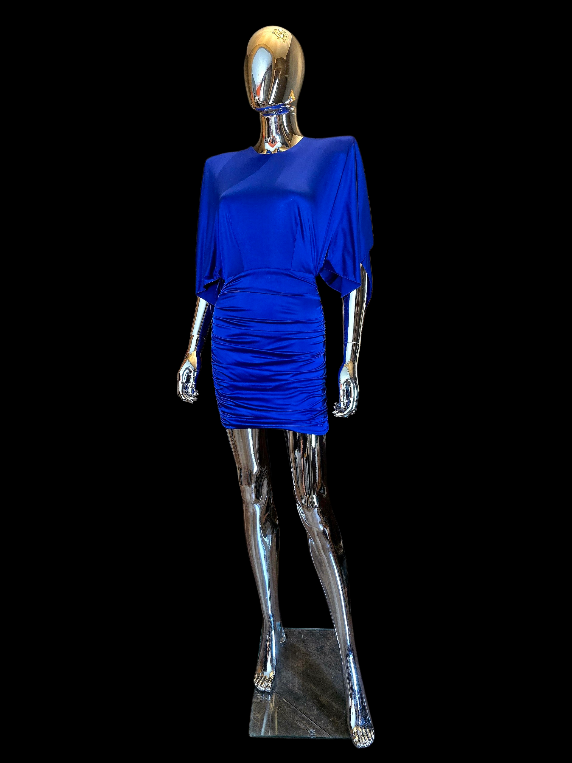 alexandre vauthier blue dress Alexandre Vauthier laminated-finish Ruched Midi Dress | Blue