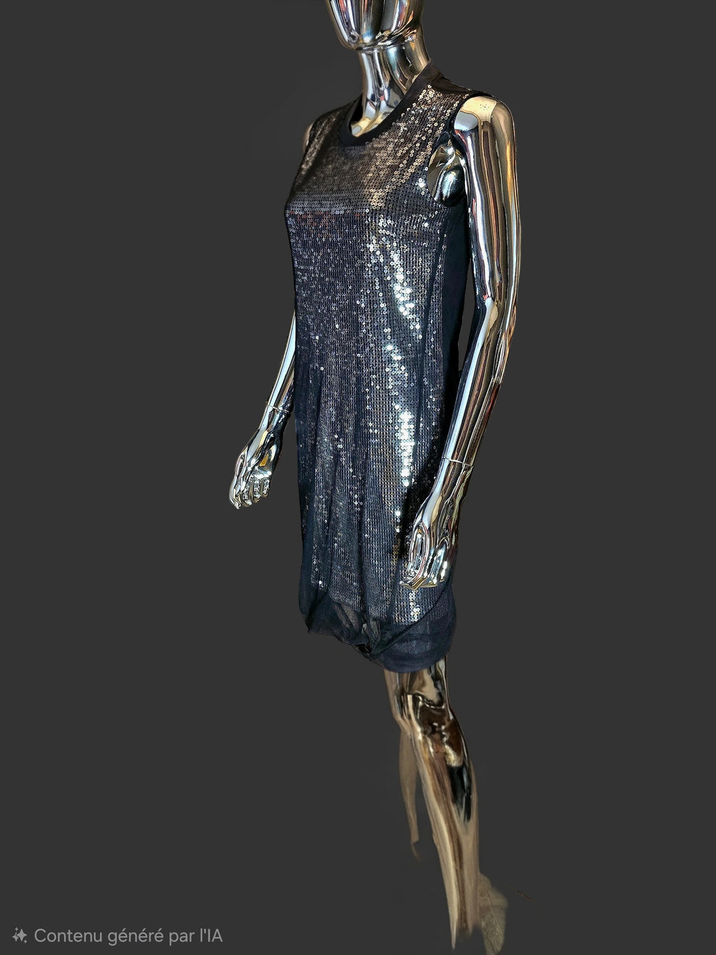 Alexander McQueen – Robe de Soirée Noire & Sequins Argent Voile Tulle – T38