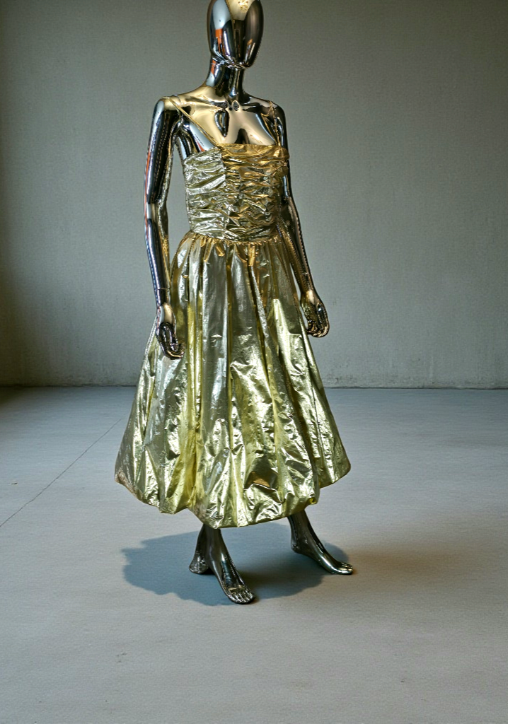 Bernshaw Robe de Soirée Luréx Doré Bustier Plissé T38