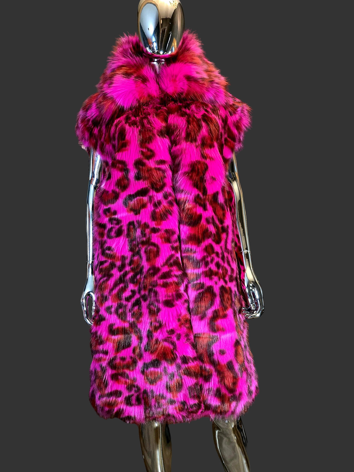 Diesel – Pink Leopard Faux Fur Sleeveless Coat – Size S