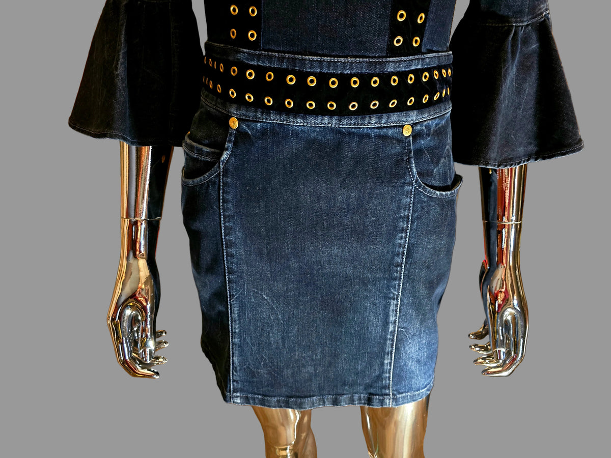 Pierre Balmain Denim Dress Golden Eyelets Ruffles Size 38