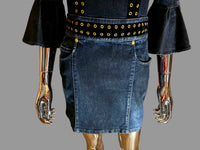 Pierre Balmain Denim Dress Golden Eyelets Ruffles Size 38