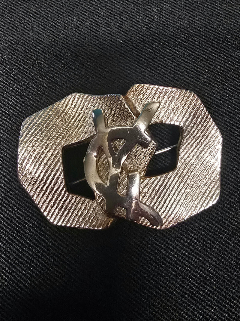 Yves Saint Laurent Silver-Tone Metal Striped YSL Logo Brooch 2000s