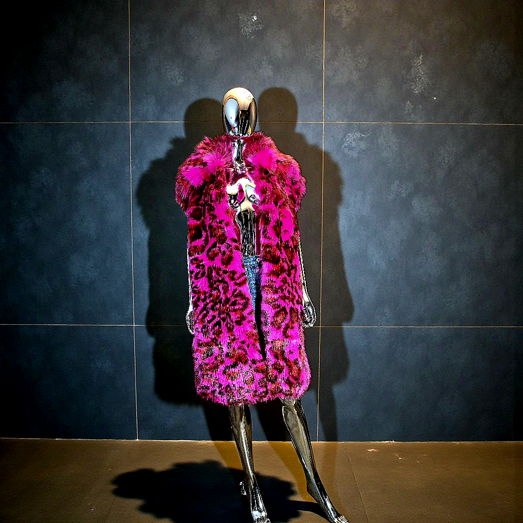 Diesel – Pink Leopard Faux Fur Sleeveless Coat – Size S