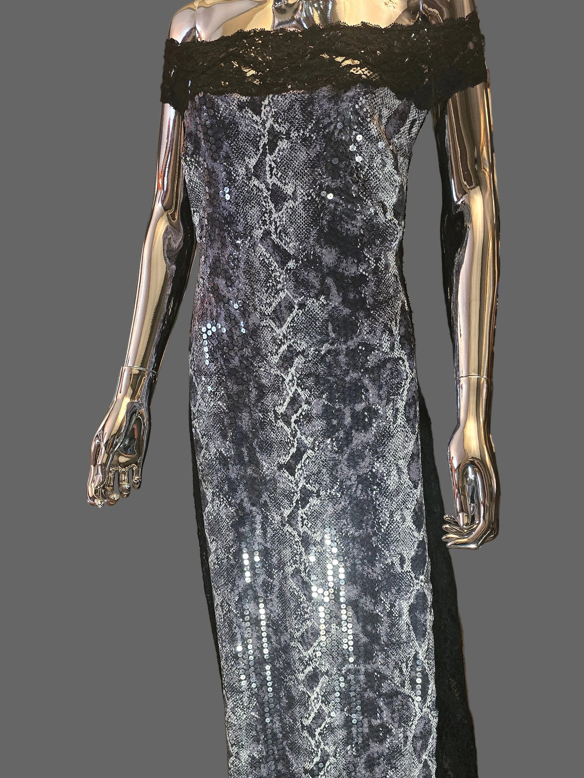 Loris Azzaro Robe Longue Sequins Reptile Dentelle Années 80 T40-42