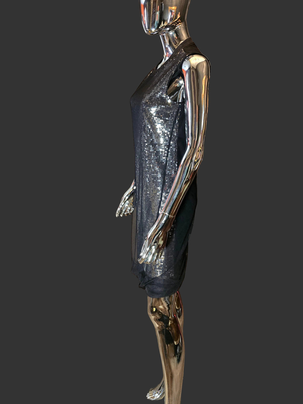 Alexander McQueen – Robe de Soirée Noire & Sequins Argent Voile Tulle – T38