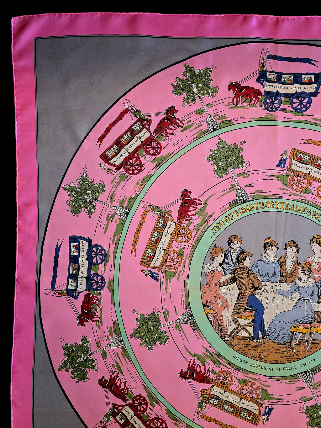 Hermès " jeu des omnibus et dames blanches " carré de soie.