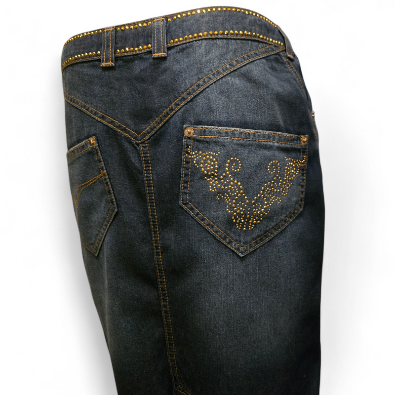 Versace Jeans Couture – Jupe Denim & Strass Dorés – Longueur Genou – T38