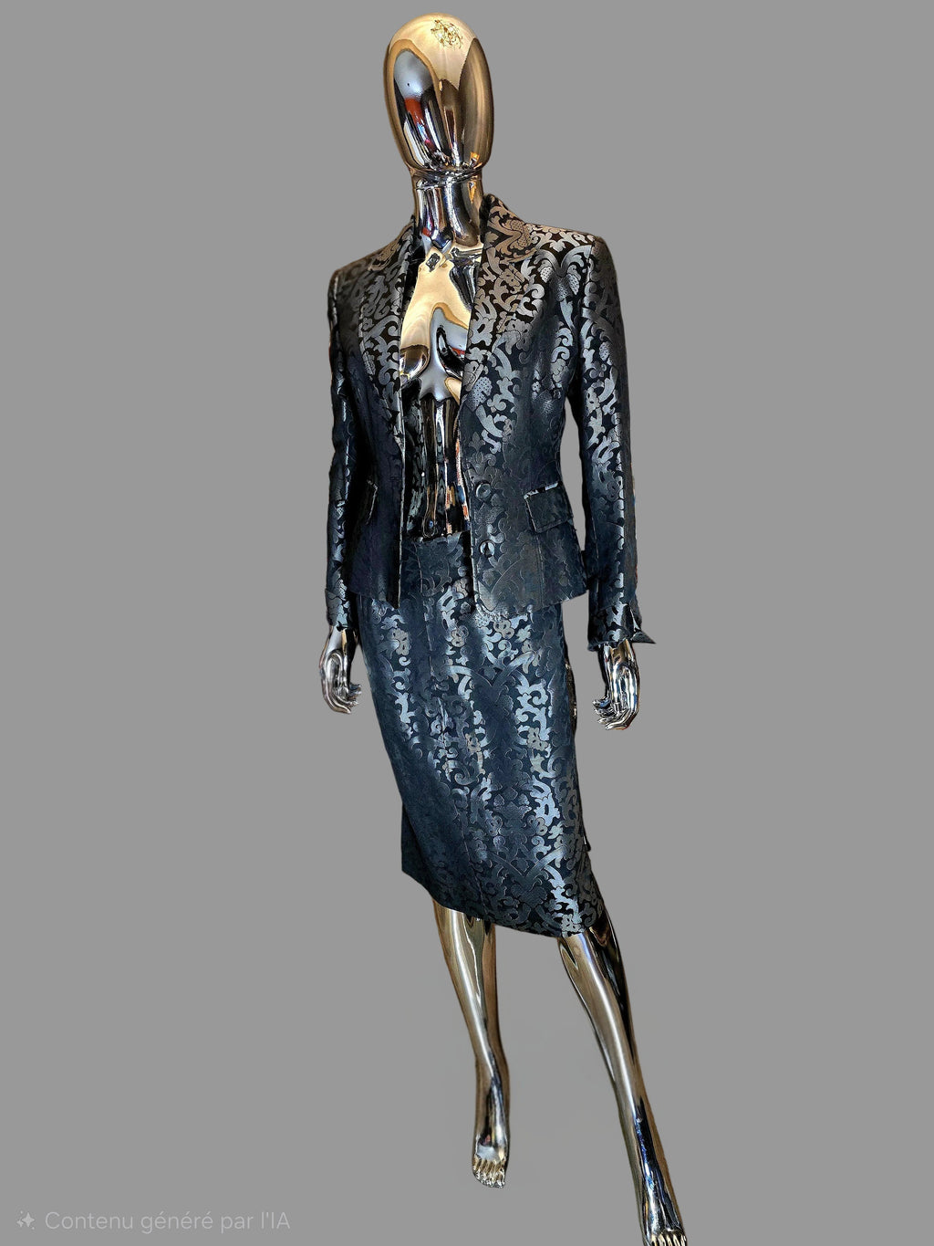 Gianfranco Ferré — Tailleur Jupe Gris Argent & Noir Vintage T38