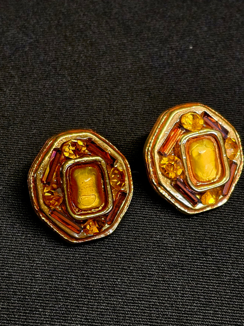 Kalinger Gold Resin & Rhinestone 80s Clip-On Earrings