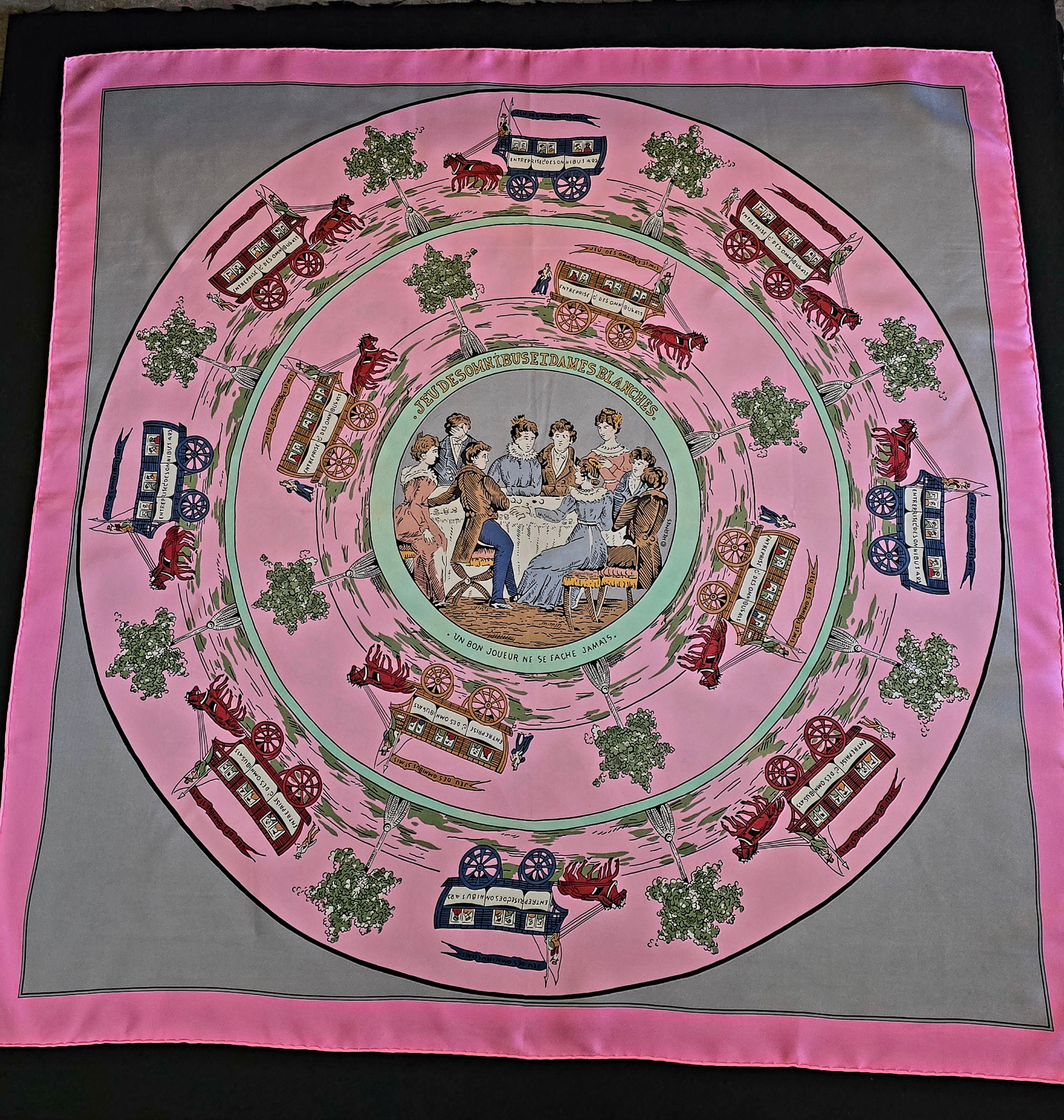 Hermès " jeu des omnibus et dames blanches " carré de soie.