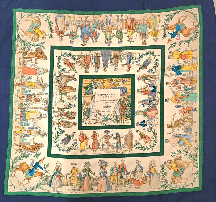Hermès silk scarf costumes civils actuels 1995 90*90cm beige blue green - L.F LUSSO