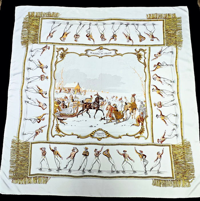 Hermès silk scarf s plaisirs du froid 1995 Hugo Grygkar 90*90 beige - 
L.F Lusso