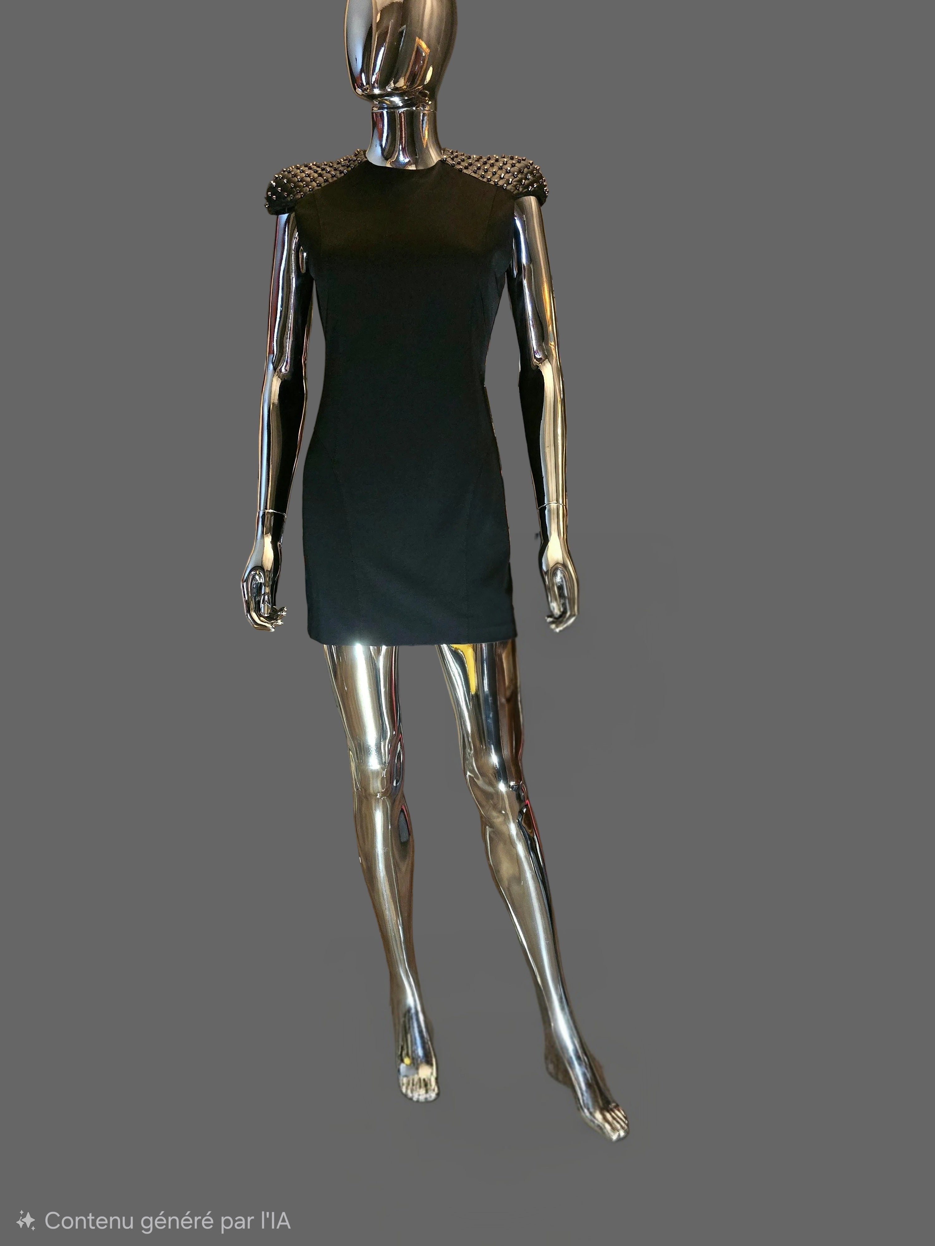 Pierre Balmain Robe Courte Noire Épaulettes Cloutées T38