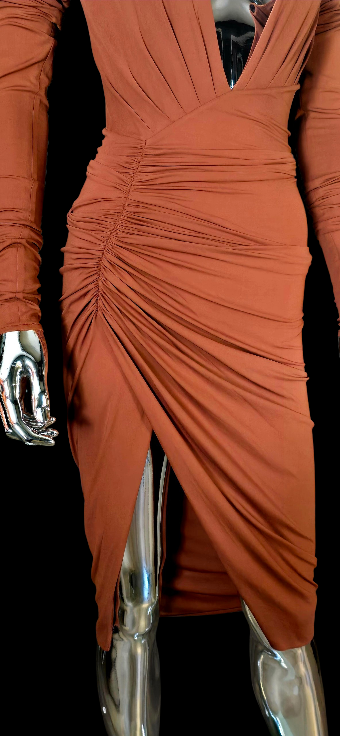 alexandre vauthier orange dress Alexandre Vauthier Orange Pleated Long Sleeve Low V Neck Dress - BOPF