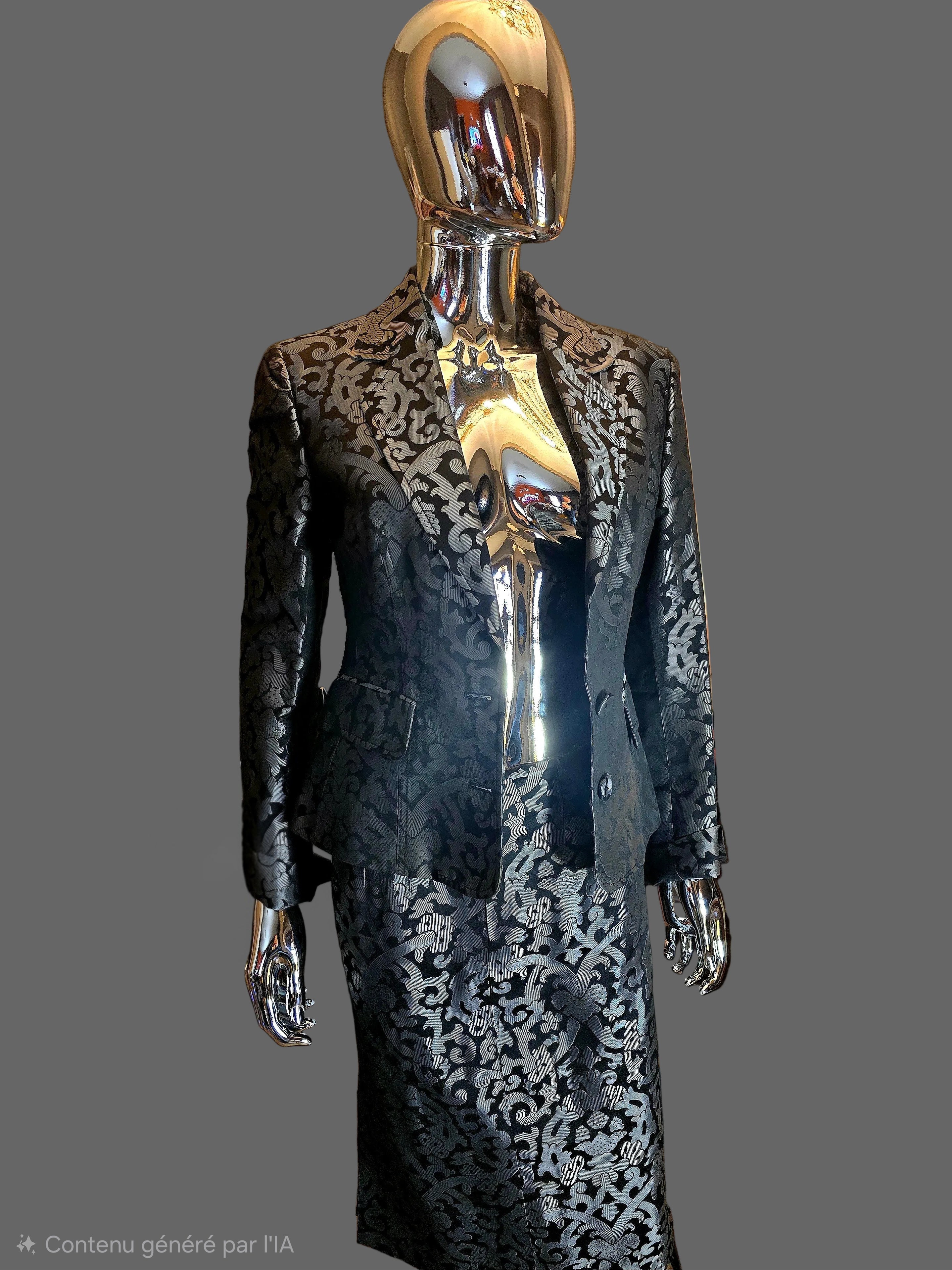 Gianfranco Ferré — Tailleur Jupe Gris Argent & Noir Vintage T38