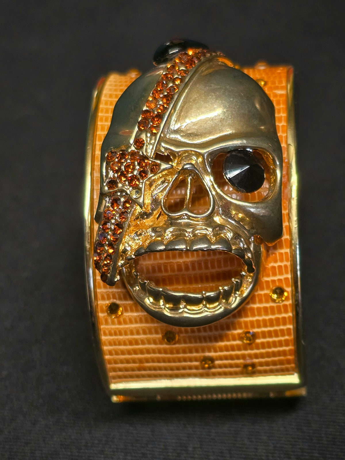Marta Marzatto Bracelet Manchette Doré Cuir Tête de Mort Strass