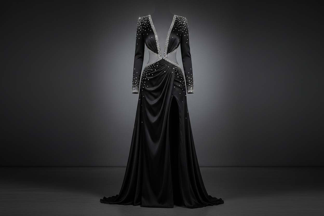 ROBE DE SOIREE NOIR STRASS ECHANCRE
